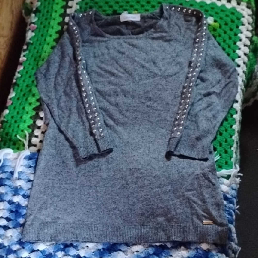 Calvin Klein Gray Sweater with Studded Sleeves